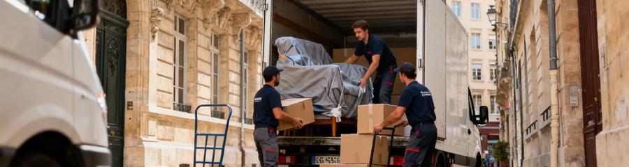 Déménageurs déchargeant camion rue étroite Presqu'île Lyon, immeubles haussmanniens en arrière-plan