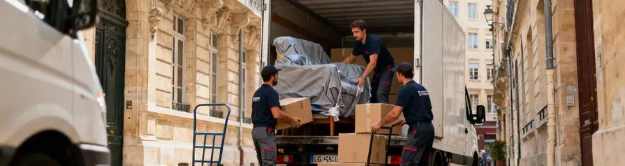 Déménageurs déchargeant camion rue étroite Presqu'île Lyon, immeubles haussmanniens en arrière-plan