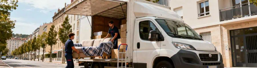 Camion déménagement devant immeuble Lyon 3ème, déchargement professionnel quartier résidentiel