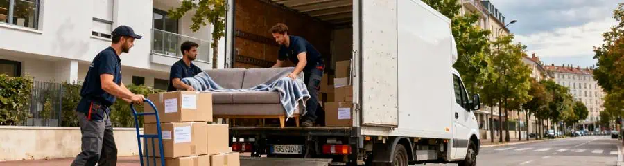 Camion déménagement et équipe professionnelle en action dans rue résidentielle lyonnaise moderne