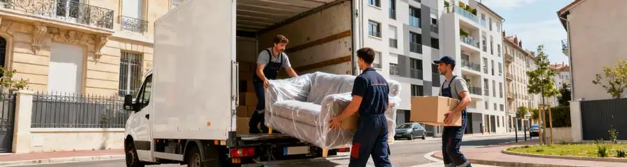 Camion déménagement et équipe déchargeant mobilier rue résidentielle Lyon, installation professionnelle