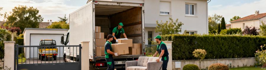 Déménagement maison individuelle Tournefeuille, équipe transportant mobilier extérieur et cartons