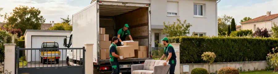 Déménagement maison individuelle Tournefeuille, équipe transportant mobilier extérieur et cartons