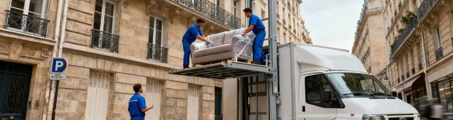 Monte-meuble déployé façade haussmannienne, déménageurs transportant mobilier immeuble parisien ancien
