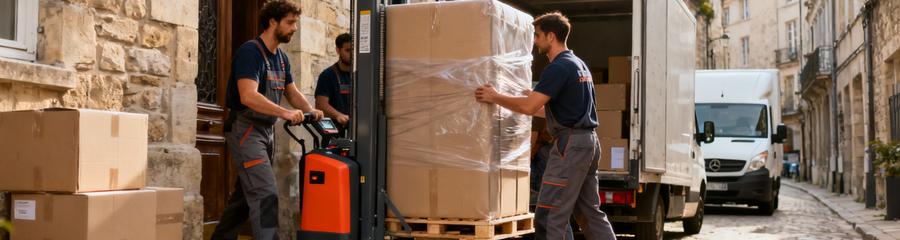 Déménageurs utilisant monte-meubles rue étroite, manœuvre précise immeuble ancien centre historique
