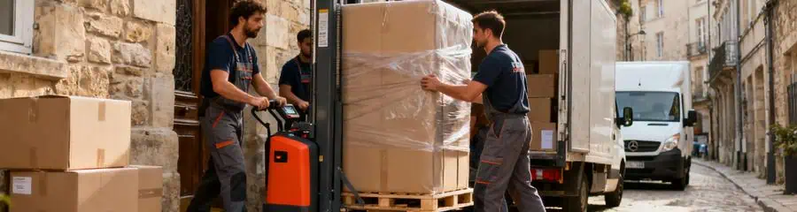Déménageurs utilisant monte-meubles rue étroite, manœuvre précise immeuble ancien centre historique