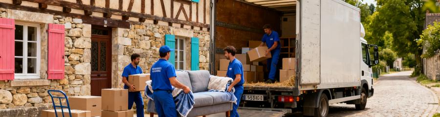 Déménageurs déchargeant mobilier devant maison normande colombages, rue village typique