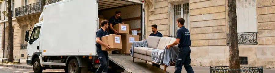 Camion déménagement rue parisienne, déménageurs déchargeant mobilier devant immeuble haussmannien