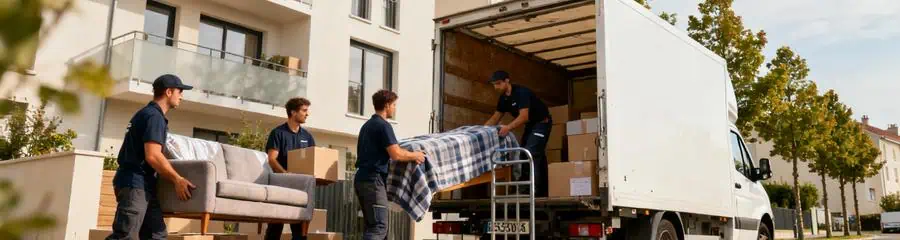 Camion déménagement et équipe professionnelle déchargeant mobilier quartier résidentiel moderne Roanne