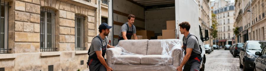 Déménageurs transportant canapé rue étroite parisienne, manutention contrainte urbaine typique