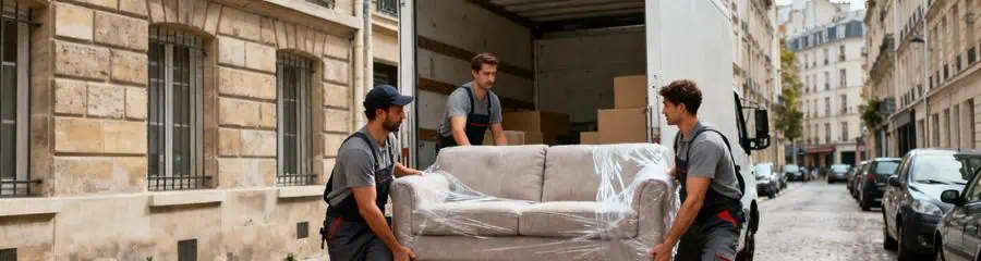Déménageurs transportant canapé rue étroite parisienne, manutention contrainte urbaine typique