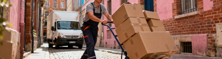 Déménageur manœuvrant diable chargé dans rue étroite pavée, expertise logistique urbaine Toulouse