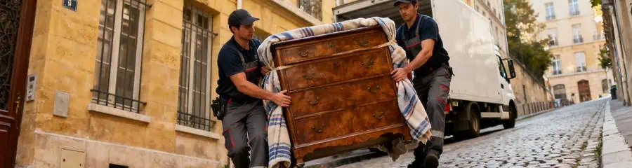 Déménageurs transportant meuble rue pentue Lyon 1er, maîtrise terrain difficile
