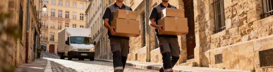 Déménageurs transportant cartons rue pentue Lyon 1er, manutention terrain difficile immeubles anciens