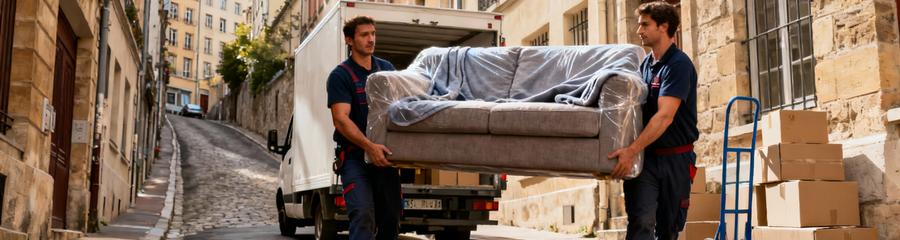 Déménageurs transportant canapé rue pentue étroite, manutention professionnelle quartier historique urbain