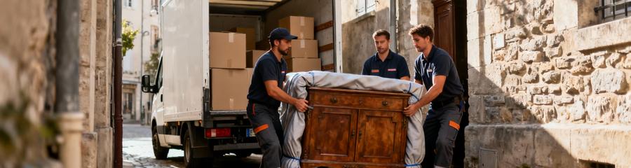 Déménageurs transportant meuble ruelle étroite centre-ville, manutention coordination professionnelle urbaine