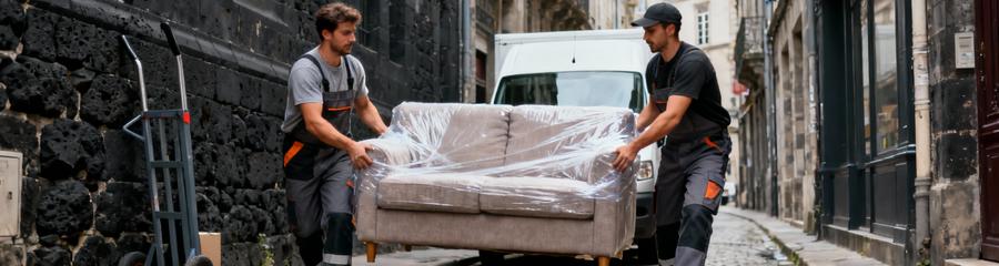 Déménageurs manœuvrant canapé ruelle étroite Clermont-Ferrand, manutention adaptée contraintes urbaines