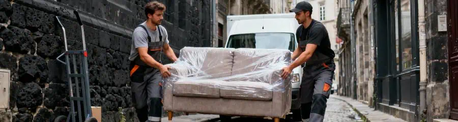 Déménageurs manœuvrant canapé ruelle étroite Clermont-Ferrand, manutention adaptée contraintes urbaines