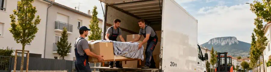 Déménageurs déchargeant camion quartier résidentiel Saint-Chamond, organisation professionnelle coordonnée