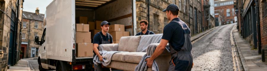 Déménageurs transportant mobilier rue étroite Saint-Étienne, manœuvre urbaine contrainte historique