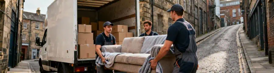 Déménageurs transportant mobilier rue étroite Saint-Étienne, manœuvre urbaine contrainte historique