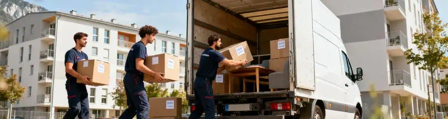 Déménageurs déchargeant camion devant résidence étudiante Saint-Martin-d'Hères, service professionnel campus