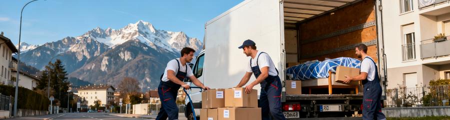 Déménageurs déchargeant camion devant immeuble Chambéry, montagnes alpines arrière-plan