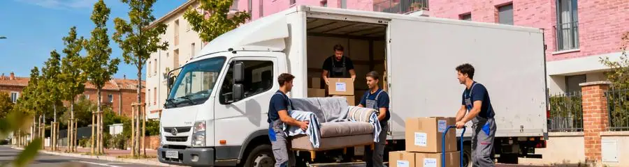 Camion déménagement rue Toulouse, déménageurs déchargeant mobilier quartier résidentiel moderne