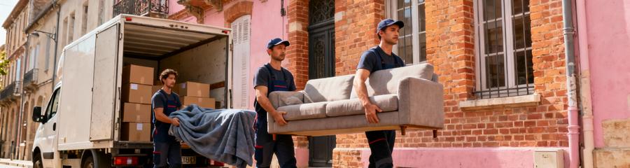 Déménageurs transportant mobilier devant façade briques roses toulousaines, manutention professionnelle quartier historique