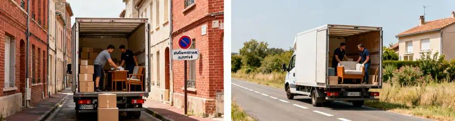 Diptyque déménagement Haute-Garonne : zone urbaine Toulouse et zone rurale, contextes contrastés