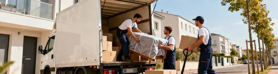 Déménageurs déchargeant camion devant résidence Tournefeuille, quartier résidentiel urbain moderne