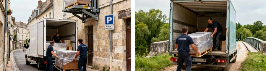 Diptyque déménagement Vienne : centre historique Poitiers avec monte-meubles, zone rurale chemin étroit