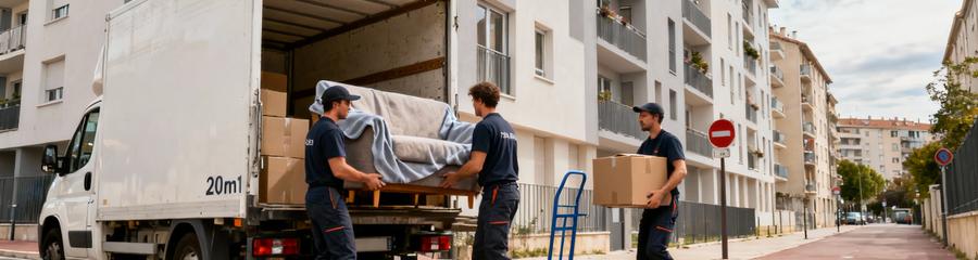 Déménageurs déchargeant camion rue Villeurbanne, transport mobilier immeuble résidentiel moderne