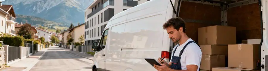 Camion déménagement stationné rue Voiron, organisation professionnelle contexte urbain alpin