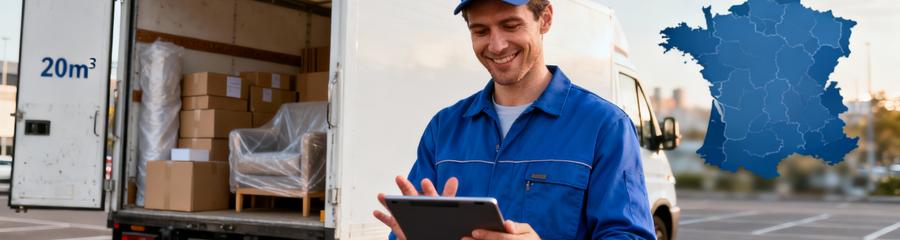 Déménageur consultant tablette devant camion, service professionnel couverture nationale France