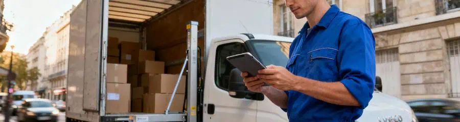 Déménageur professionnel consultant planning devant camion, expertise Île-de-France