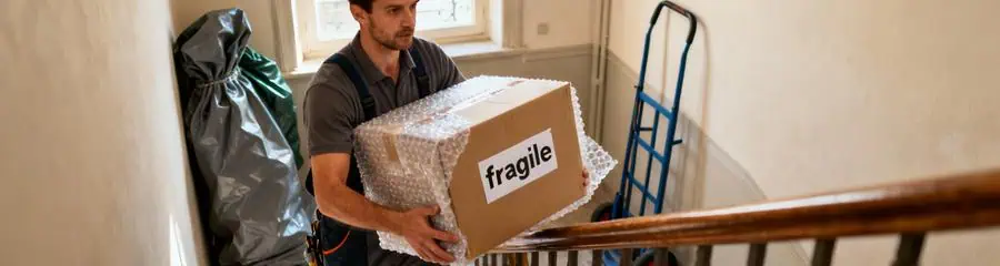 Déménageur transportant carton fragile dans escalier, manipulation sécurisée professionnelle Voiron