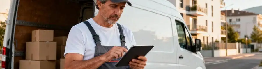 Déménageur professionnel consultant tablette, organisation numérique moderne à Échirolles