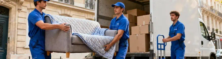 Équipe déménageurs professionnels transportant mobilier emballé devant camion, service coordonné