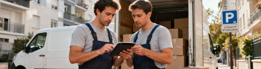 Déménageurs professionnels consultant devis tablette devant camion, organisation urbaine Villeurbanne