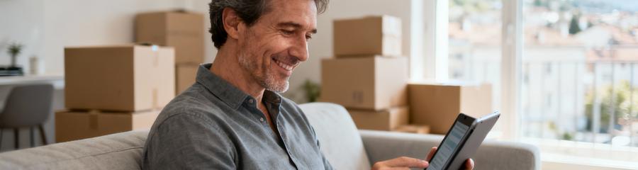 Client consultant devis déménagement en ligne sur tablette, comparaison offres professionnelles