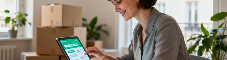 Personne consultant devis déménagement sur tablette, comparaison propositions professionnelles Lyon