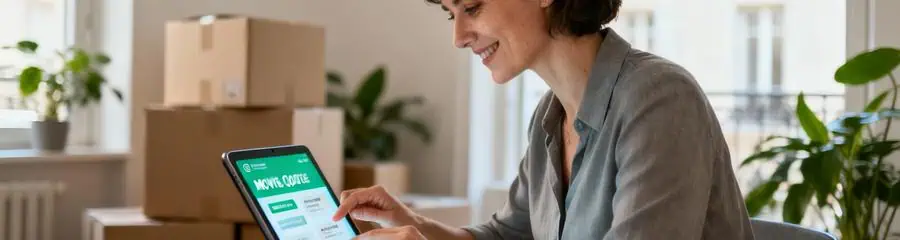 Personne consultant devis déménagement sur tablette, comparaison propositions professionnelles Lyon