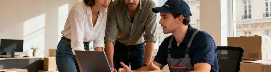 Déménageur consultant couple pour devis personnalisé, consultation professionnelle bureau Paris