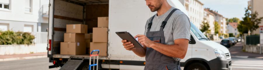 Déménageur consultant devis sur tablette, préparation professionnelle déménagement local