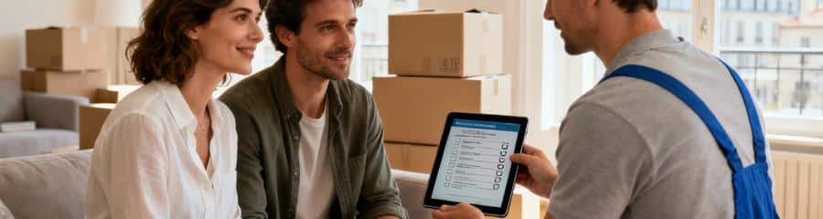 Déménageur présentant devis sur tablette à clients, consultation personnalisée à Lyon