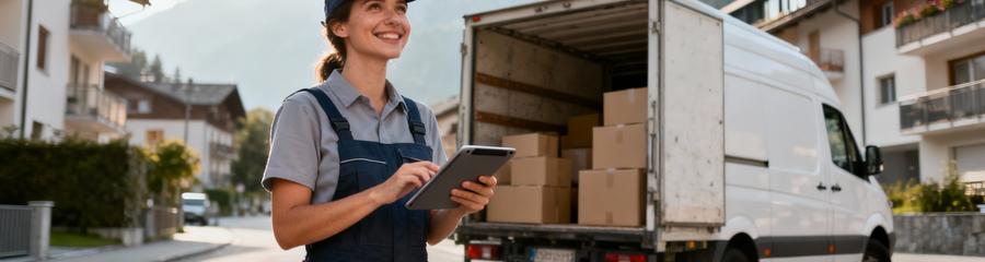 Déménageuse consultant devis numériques tablette, organisation professionnelle Savoie