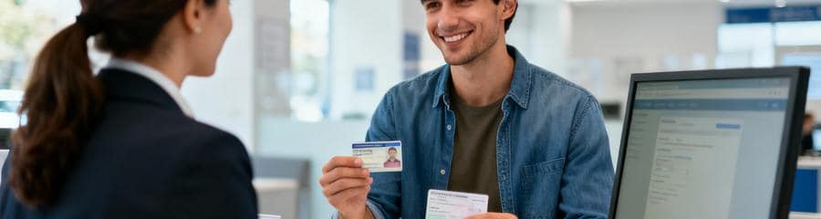 Conducteur présentant documents administratifs guichet agence location camions, démarches réservation
