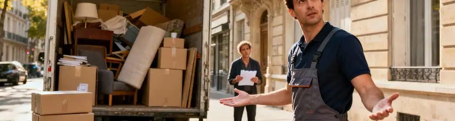 Déménageur constatant volume sous-estimé, camion plein cartons restants, erreur fréquente déménagement parisien