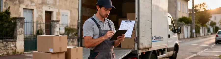 Déménageuse consultant devis sur tablette devant camion, estimation budget professionnelle Chamalières